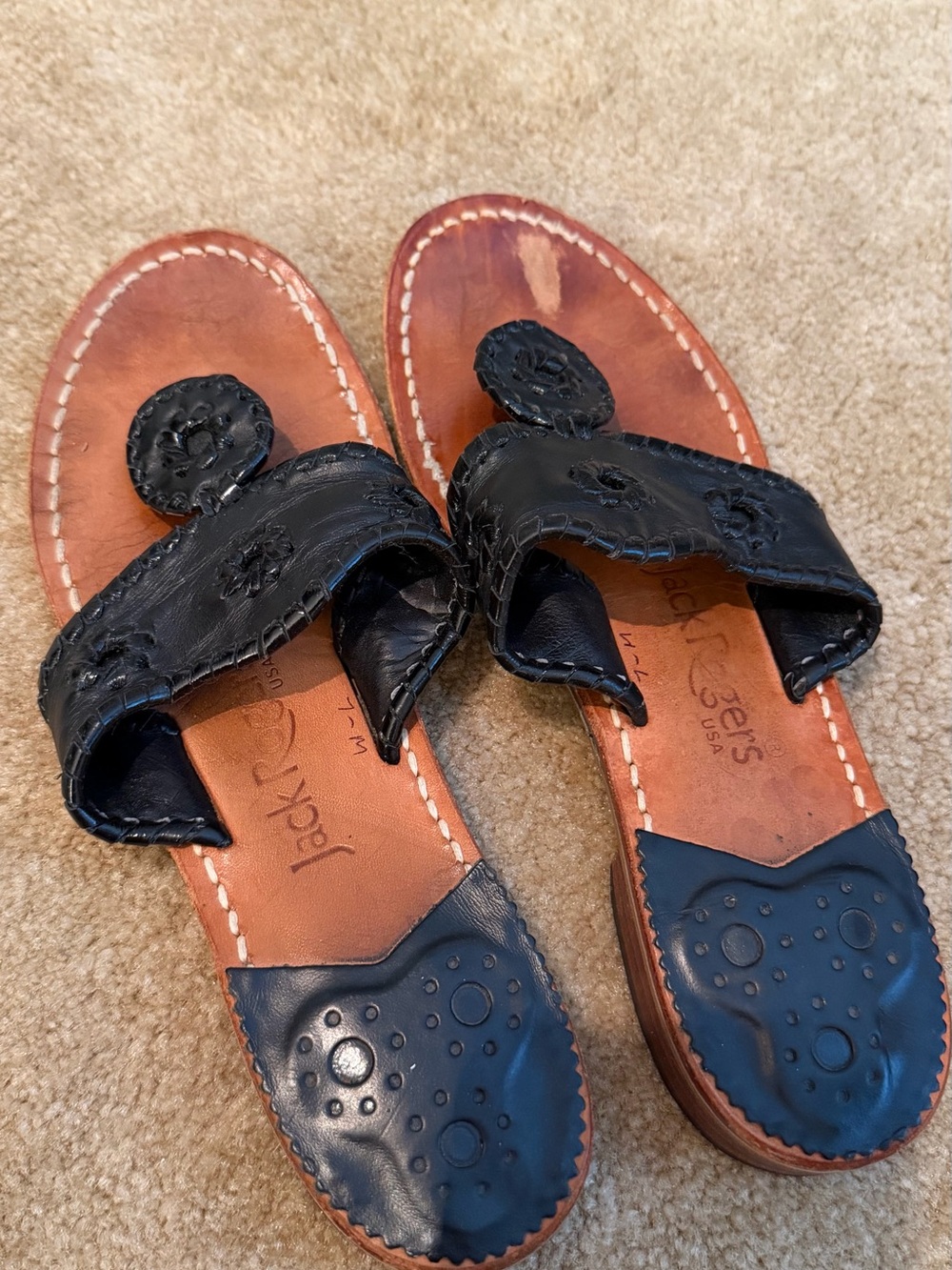 Jack Rogers Black Leather Whipstitch Rondelle Sandals